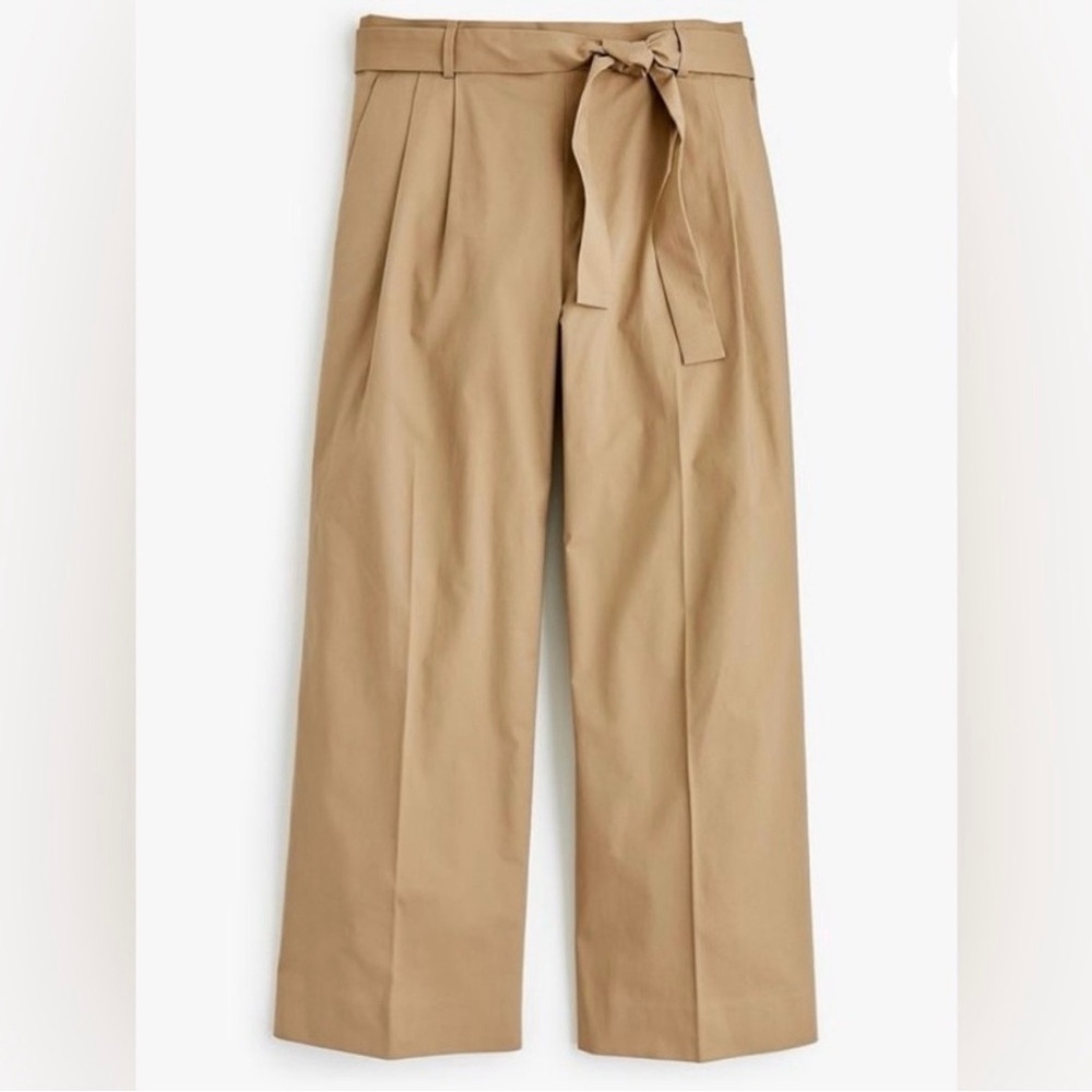 J Crew Cotton Poplin Wide Leg Crop Pants 14 Tan Capri Pull On Elastic Waist